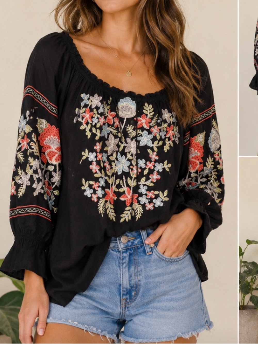 Free People Black Embroidered Off-Shoulder Women's Shirt